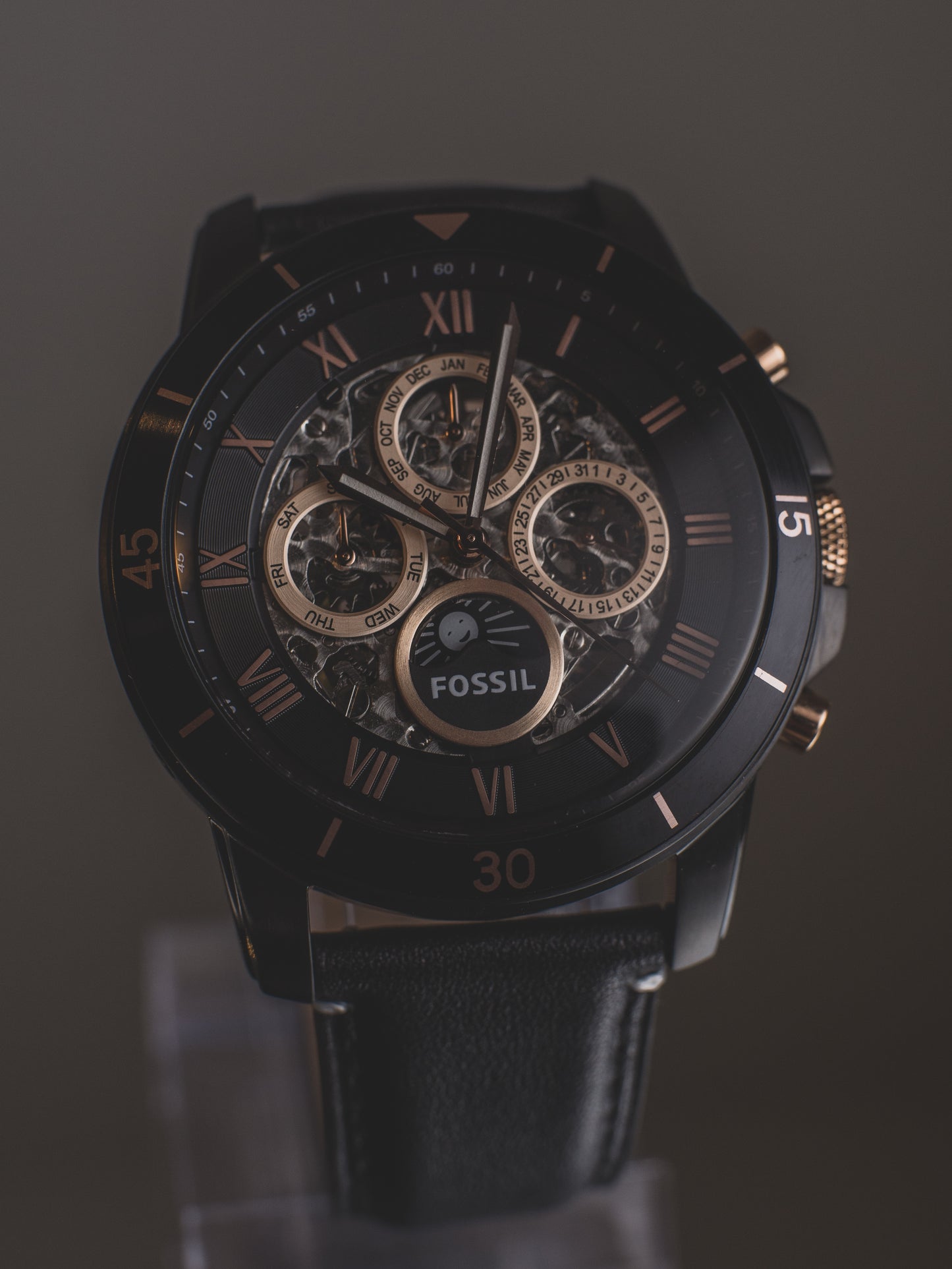 Reloj Fossil Grant Sport Automático – Cuero Negro y Oro Rosa ME3138