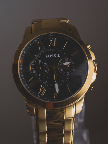 Reloj Fossil Grant Para Hombre Cronometro Acero Inoxidable Dorado Negro FS4815