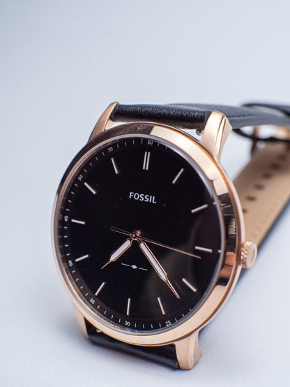 Reloj Fossil The Minimalist para Hombre - Oro Rosa y Cuero Negro FS5376