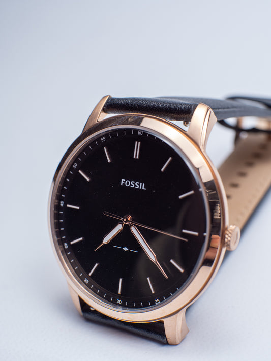 Reloj Fossil The Minimalist para Hombre - Oro Rosa y Cuero Negro FS5376