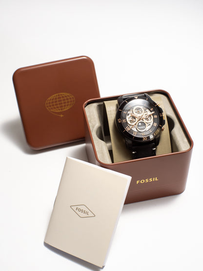 Reloj Fossil Grant Sport Automático – Cuero Negro y Oro Rosa ME3138