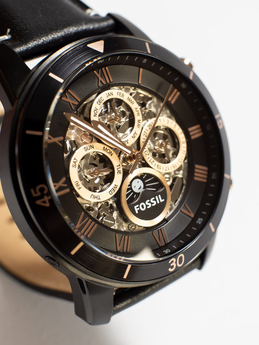 Reloj Fossil Grant Sport Automático – Cuero Negro y Oro Rosa ME3138