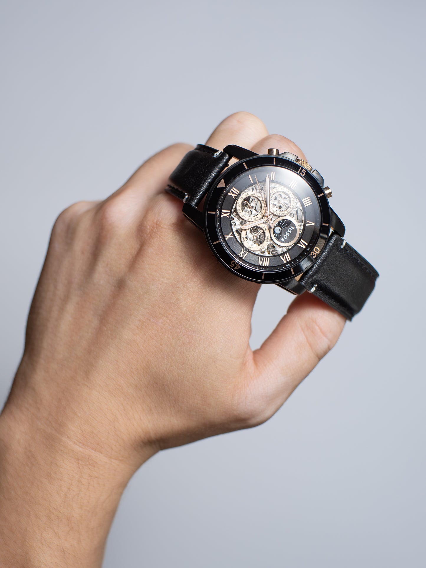 Reloj Fossil Grant Sport Automático – Cuero Negro y Oro Rosa ME3138