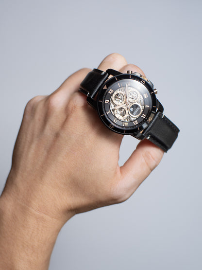 Reloj Fossil Grant Sport Automático – Cuero Negro y Oro Rosa ME3138