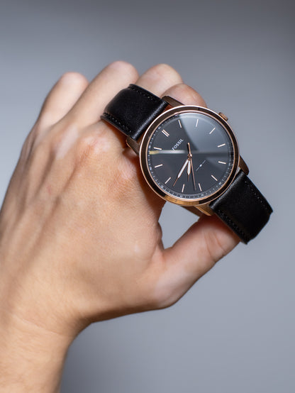 Reloj Fossil The Minimalist para Hombre - Oro Rosa y Cuero Negro FS5376