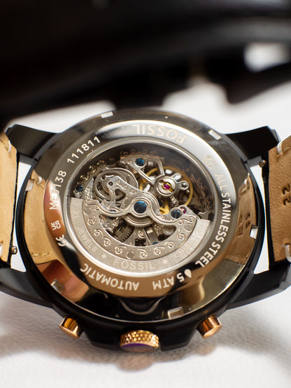 Reloj Fossil Grant Sport Automático – Cuero Negro y Oro Rosa ME3138
